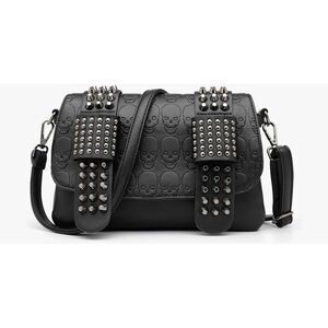 NWOT~Black Gothic Skull Design Crossbody Skull Silver Rivet Purse Handbag